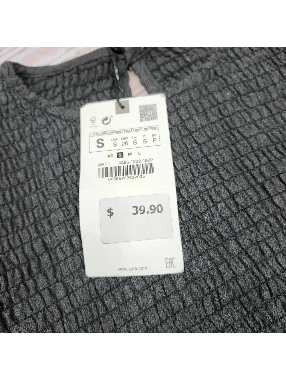 NEW Zara Smocked Ruffle Crop Top Gray Long Sleeve NWT Size Small